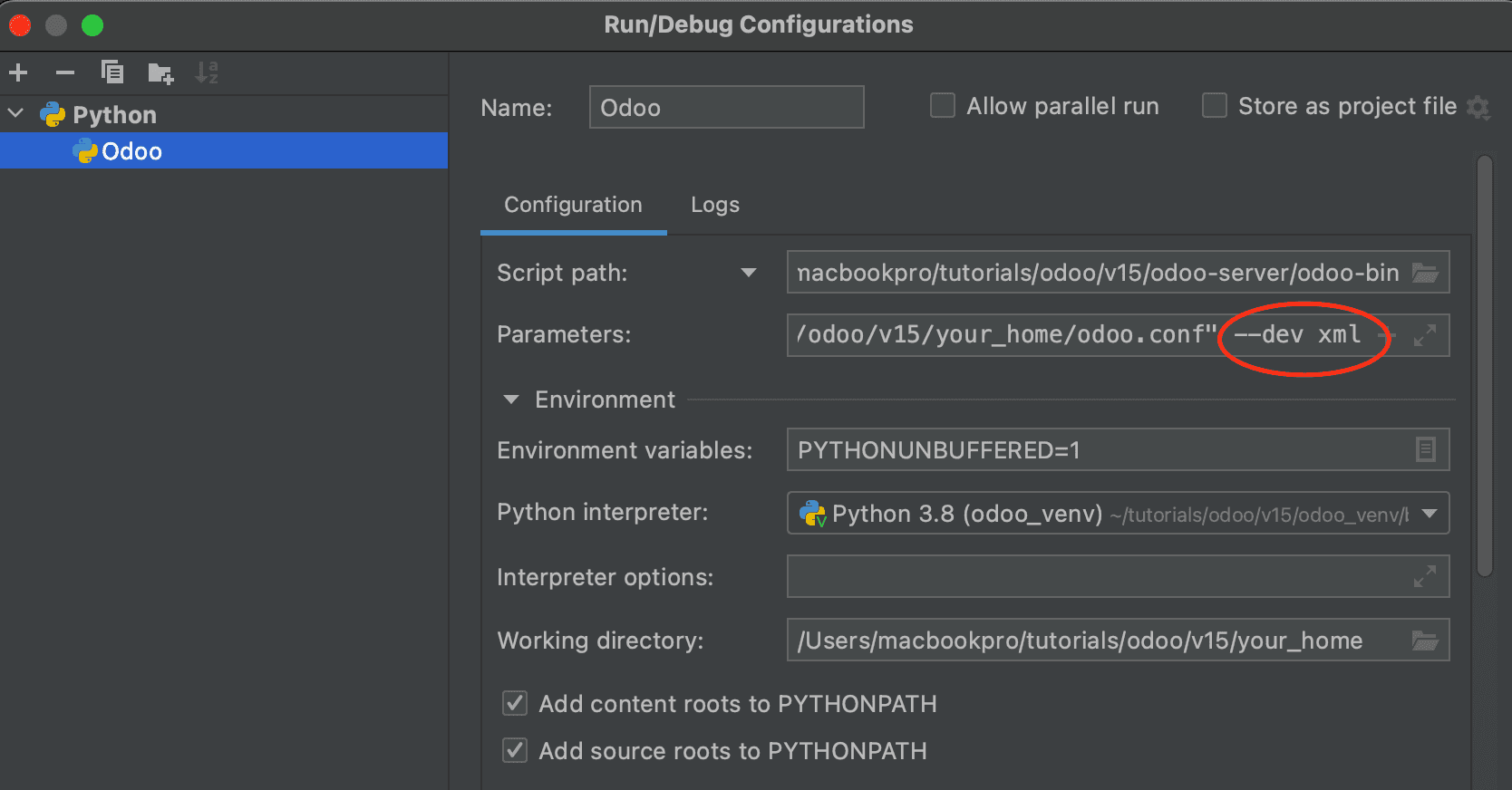 Odoo add dev xml in PyCharm Run Configuration