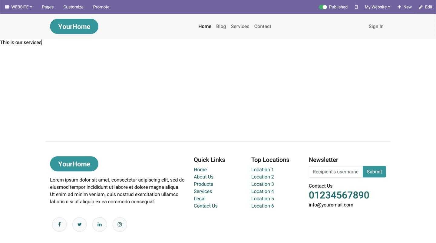 Odoo service page with website layout